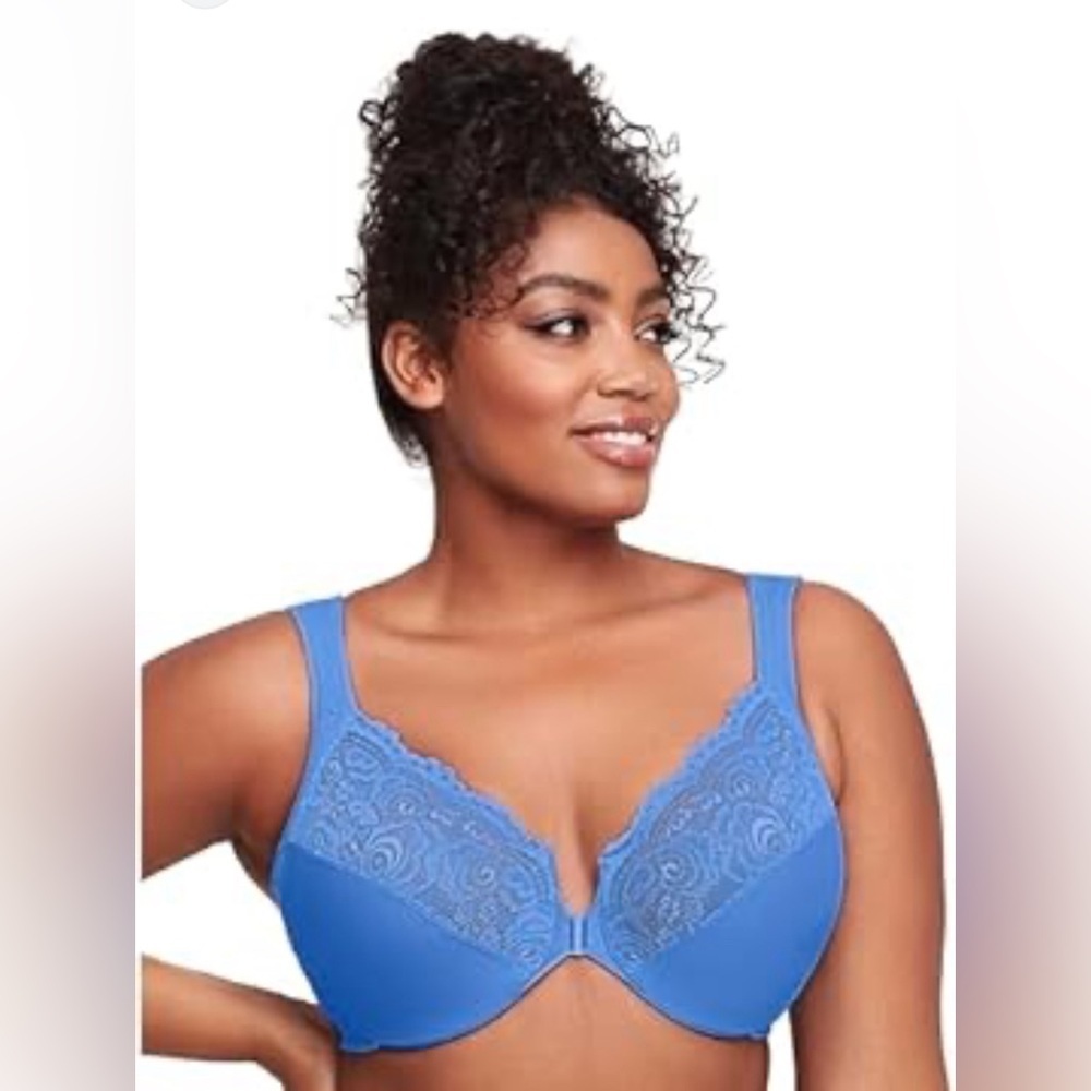 Glamorise periwinkle lace unpadded wonderwire bra with front closure 48C
